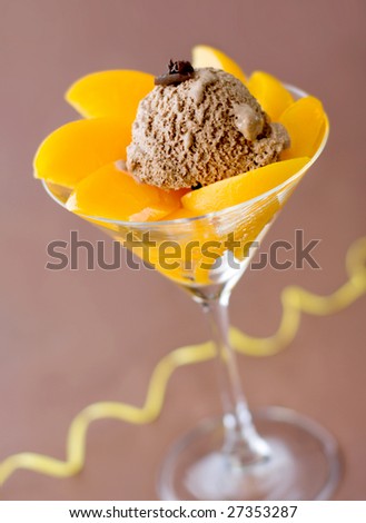 dessert of peaches and ice-cream