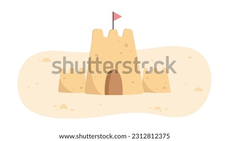 Sandcastle and little red flag in flat style