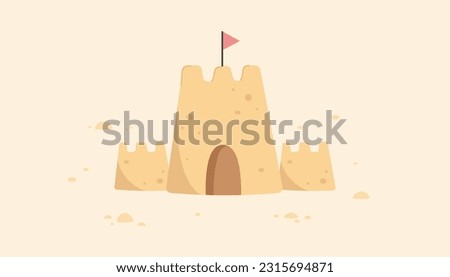 Sandcastle and little red flag in flat style