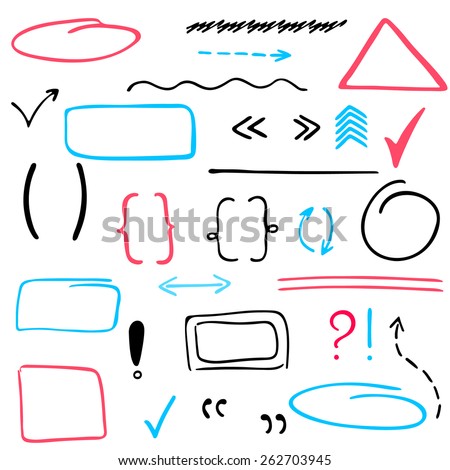 Set of hand drawn correction elements. Arrows, underlines, circles, rectangles, squares and ovals, question and exclamation marks and highlighting elements. Perfect for design. Vector illustration.