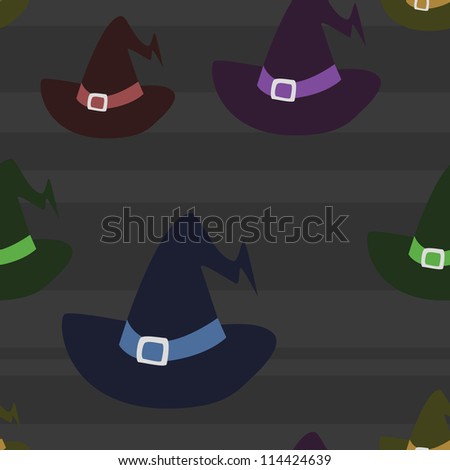 Five colors of witch hats in a seamless pattern on a striped dark background.