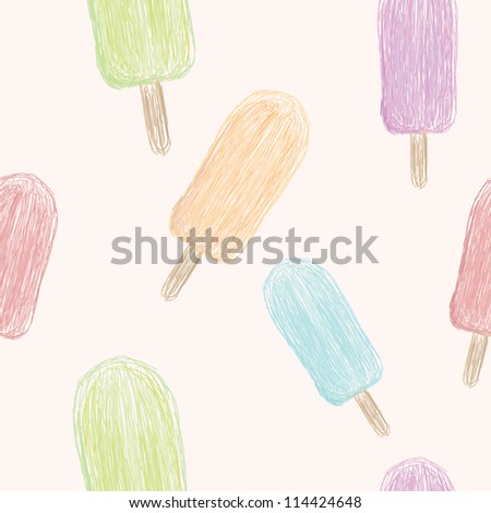 A seamless pattern of 5 different colors or flavors of popsicle on a pale tan background.