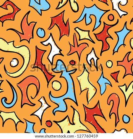 A bright orange seamless pattern with multicolored abstract shapes.