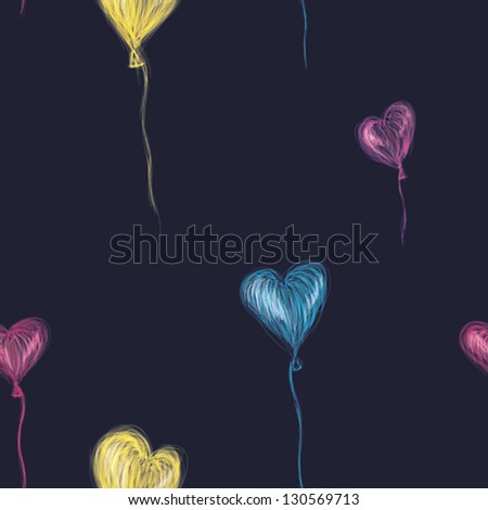 A seamless pattern of bright heart shaped balloons on a dark blue background.