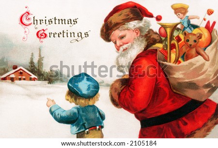 \'Christmas Greetings\' - Santa Claus asking directions from a little boy - a circa 1914 vintage greeting card illustration.