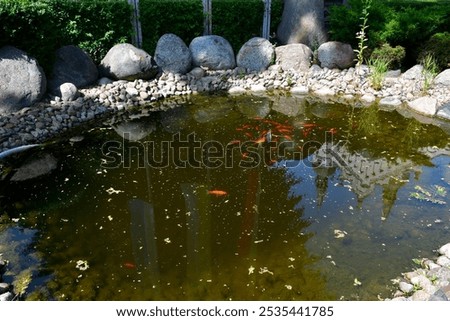 Similar – Image, Stock Photo Church at the carp pond at sunset