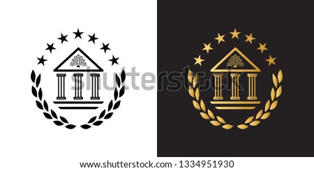 Classic academy building with columns and tree as a wisdom symbol on the top. Crest logo with laurel wreath and stars. Black and gold emblem design template for university, school, college