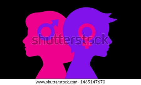 Silhouette of a boy and a girl. Symbols of male and female: the arrow of Mars and the mirror of Venus. The concept of gender education, relationships and child psychology. Vector illustration.