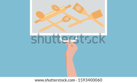 Kitchen drawer with wooden spoons and spatulas. A female hand opens a cupboard in the kitchen. Vector illustration.