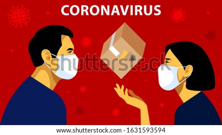 Worldwide Parcel Express in The World. People in white medical face masks send a cardboard postage box. Shipping in The World. Concept of delivery, parcel, postal service. Modern vector