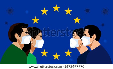 European Union: blue flag with golden stars. Pandemic 2019-nCoV. Quarantine in the European Union. People in white medical face mask. Vector illustration.
