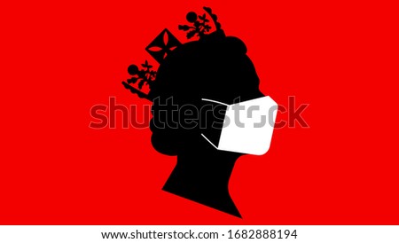 Black silhouette of Queen Elizabeth in medicine mask. Traditional image of the queen side view. 25 march 2020. Editorial illustration.