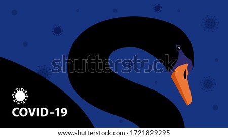 The Black Swan Theory. Unexpected coronavirus Crisis in the World. Black swan with virus on blue background. Concept of crash, crisis, unexpected occasion. Vector modern illustration.