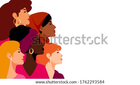 Multi-ethnic women. A group of beautiful women with different beauty, hair and skin color. The concept of women, femininity, diversity, independence and equality. Vector illustration.