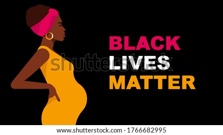 Black pregnant woman in yellow dress. Black Lives Matter statement. Black beautiful woman in the last stage of pregnancy. Side view, pretty woman, black background. Social issuu. Modern illustration.