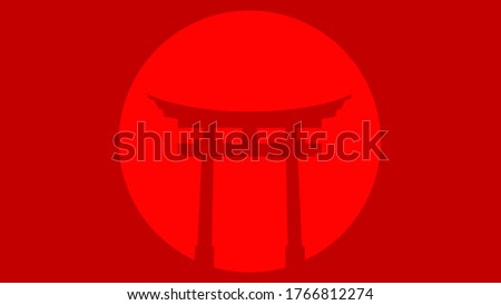 Torii. Traditional Japanese gate. Entrance to Shinto shrines. Silhouette on a red background.
