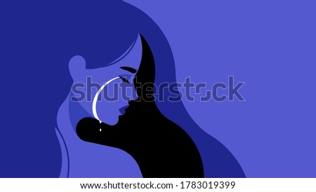 Upset young woman is crying on a blue background. Side view Portrait. Sad woman experiencing stress, anxiety, fear, separation. Vector illustration of human character. Emotional concept.