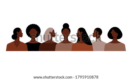 Different black women with different hairstyles. Strong women. Group of beautiful women with different hairstyle and clothes. Modern vector illustration.