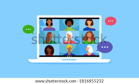 Conference video call, working at home. Video call, social distancing, business discussion, conversation, discussion, meeting. Internet browser windows with characters.