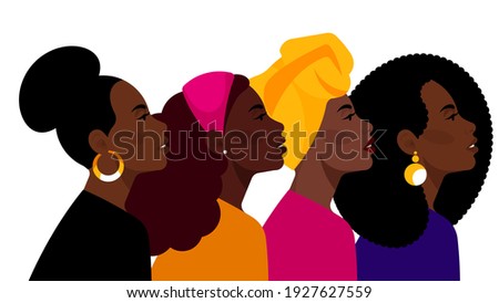 Black women together: beauty different hairstyles, clothes, accessories. African-American, Brazilian, European women celebrate International Women's Day. Movement for equality, freedom, justice. 