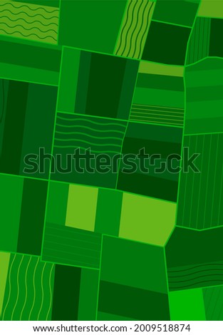 Green fields, meadows from birds eye view. Aerial view of green fields in farmland. Abstract geometric patches of earth in different shades of green color. Concept of agriculture. Vector background