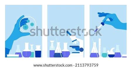 Chemistry. Scientist working in chemical laboratory. Illustrations with test tubes, flask, beaker, tube, glasses, microscope. Doctor hand holding dropper or petri dish. Set of posters background.