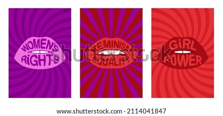Women movement concepts. Illustrations with feministic quotes on female lips. Girl power, equality, womens rights, feminism. Red, pink and purple background. Vector illustration set for poster, cover