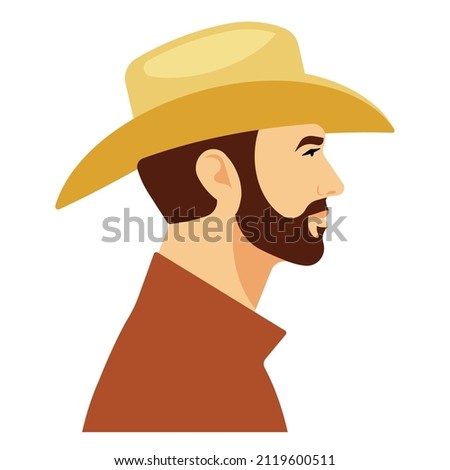 Young man in cowboy hat. Portrait of handsome man with beard in yellow stetson hat. Wild west concept. Male face, side view. Flat style Illustration for poster, cover, emblem, label.