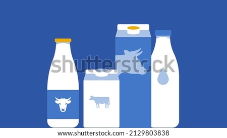 Milk dairy products. Grocery assortment for breakfast and cooking. Milk bottle, kefir, yogurt, buttermilk, skimmed cow milk in paper pack. Vector illustration for poster, design, banner. Сток-фото © 
