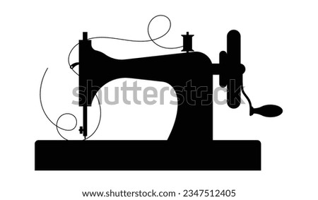Vintage sewing machine Silhouette. Black solid shape of manual sew machine with with a thin elegant thread. Isolated vector illustration