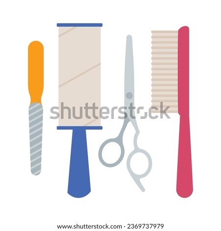 Pet Grooming. Tools for the care of cat claws and fur - scissors, cat brush, nail file, lint roller. Pet store concept. Modern vector illustration, minimalistic style. Isolated on white.