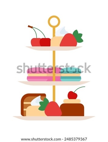 Cake stand. Three tier cake stand with cakes, pastries, biscuits and scones. Tableware to display sandwiches and desserts. Simple and clear illustration. Isolated flat vector