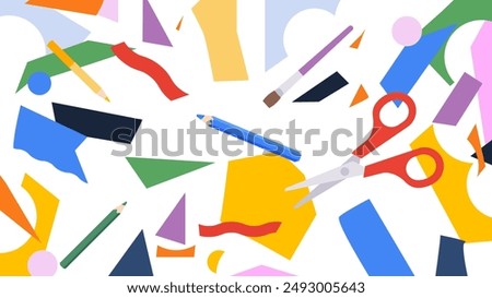 Clutter of stationery for creativity and pieces colored paper. Paper craft, DIY project, hand crafts, creative workspace, activities. Simple and quiet vector illustration