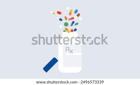 Assorted supplements and vitamins scatter out from one pill bottle. Medications, capsules and pills. Health care and treatment concept. Simple flat vector illustration.