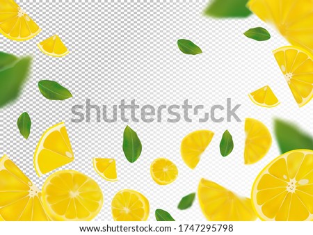 Lemon background. Flying lemon with green leaf on transparent background. 3D realistic fruits. Lemon falling from different angles.Vector illustration
