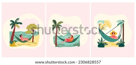 Women relaxing at the beach. Woman reclining in coastal hammocks, savoring sunny alfresco. Vacation mood concept. Vector illustration.