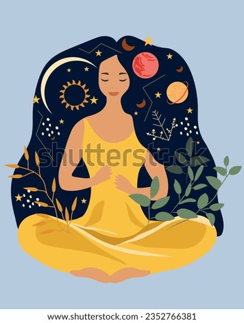 Woman in yoga lotus posture finding peace through meditation in outdoor. Concept for yoga, stress relief, leisure activities, and maintaining well being, relaxation. Vector illustration