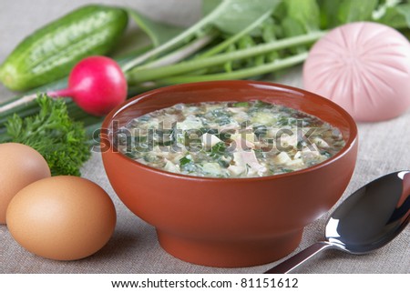 Cold vegetable soup with kvas and mayonnaise and ingredients for it