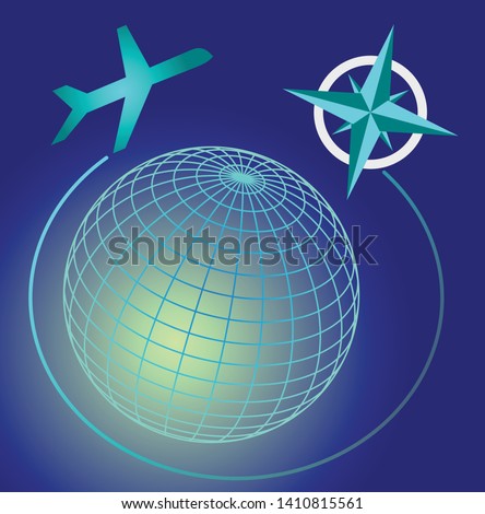 Wireframe blue and green glowing globe on dark blue sky, cardinal directions symbole, transport airplane on airline, travel advertising