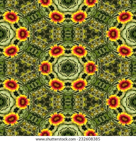 Symmetric natural texture with yellow flower motif
