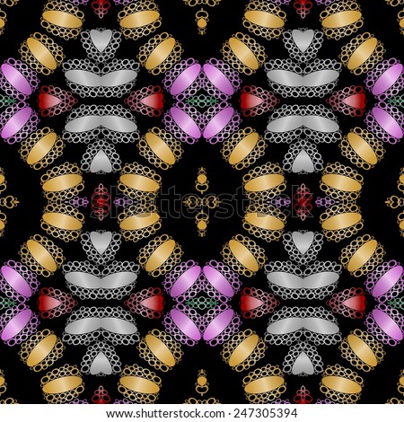 Decorative background tile with red, silver, gold and purple metallic elements on black area