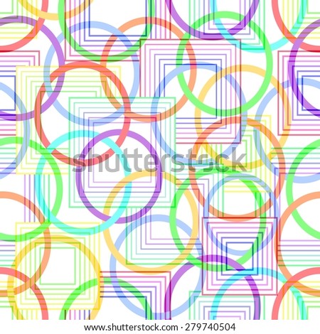 Modern abstract decorative tile with circles and squares in cheerful colors on white background