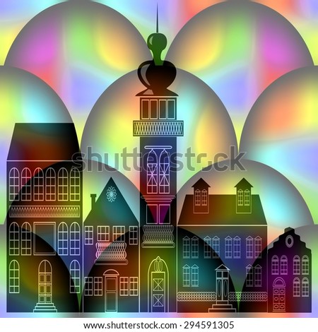 Fantasy black town silhouette on rainbow spheres background. Landmark of the city is intertwined with rainbow bubbles