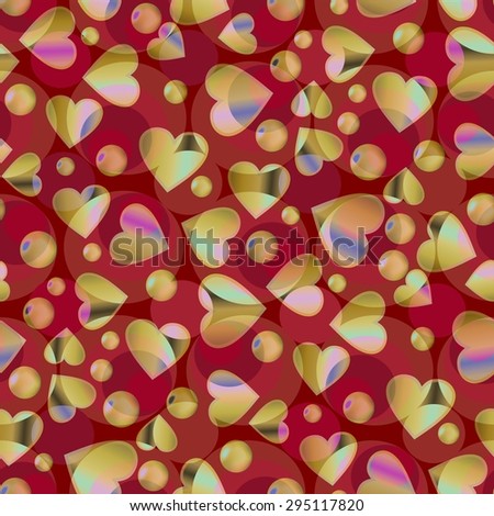 Heart patterns on red background. Abstract background with speckled hearts and circles.