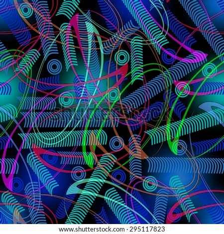 Fantasy techno background with curves and swirls. Green and blue decor on black area.