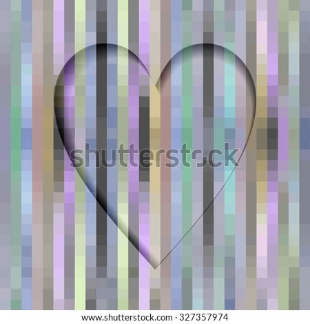 Paper cut heart with shadow shape on pixelated background in subtle colors