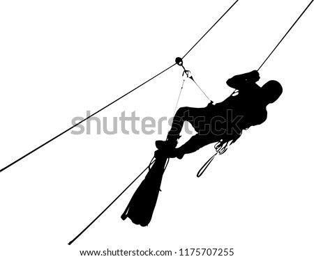 Silhouette of the speleologist on the rope.  Explorer on rope. Black and white illustration. Isolated Vector Illustration. EPS 10