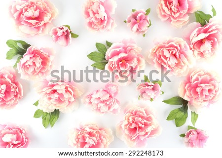 Pink Peony Flowers Scattered on White Styled Desktop - Background Floral Pattern   - Silk Artificial Flowers - Crafts