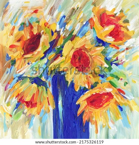 Sunflowers in vase abstract acrylic painting on canvas. Print for poster design