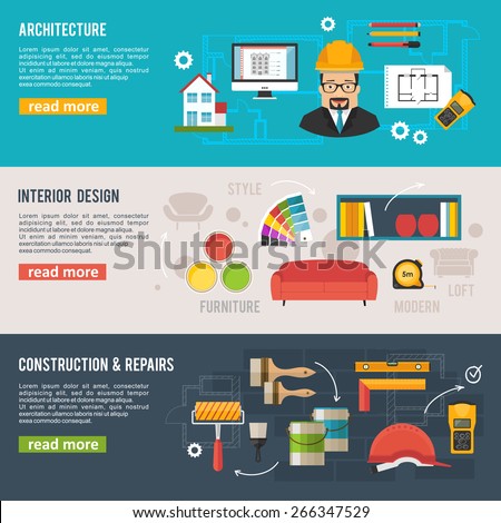 Architecture and interior design concept vector banners with architecture icons